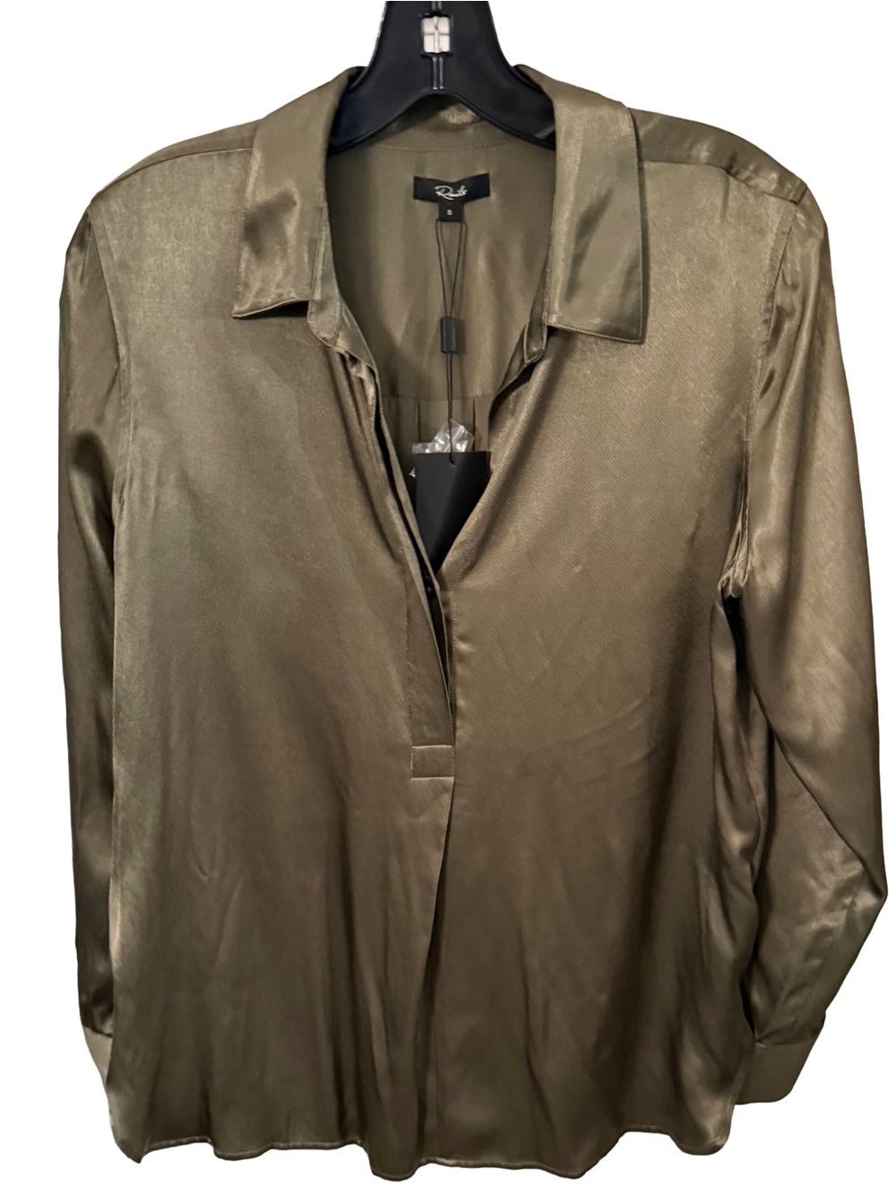 Rails Women’s Nissa Satin Blouse Olive Green Long Sleeve Pop-Over Sz S NWT